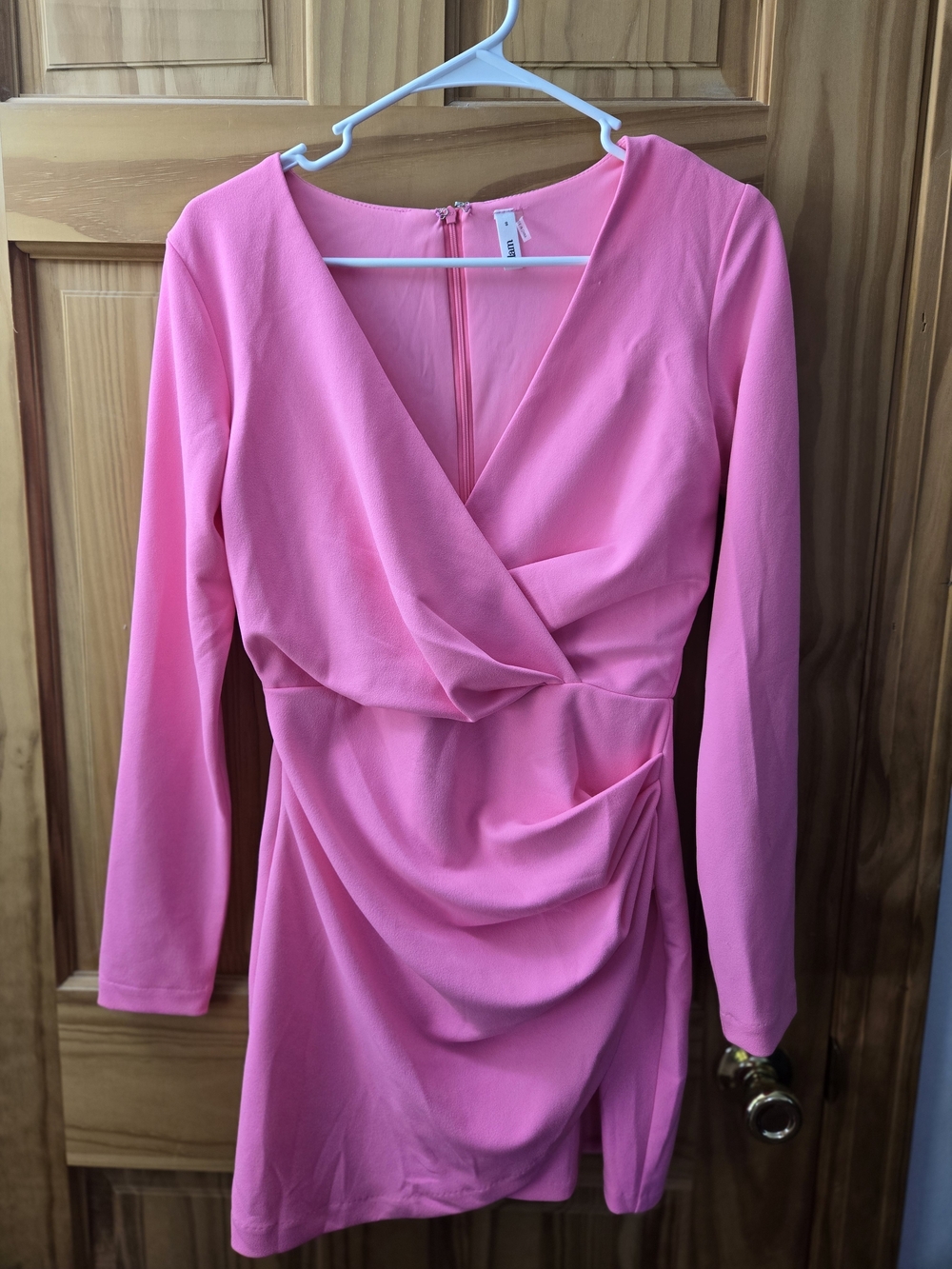 Glam Pink Draped Long-Sleeve V-Neck Dress